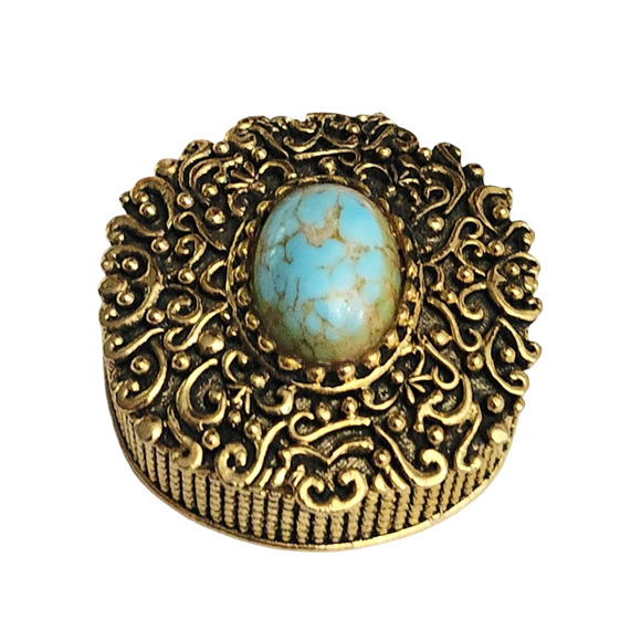 Vtg 1970s Max Factor Antiqued Cabochon Hypnotique Faux Turquoise Perfume Solid - Picture 1 of 5